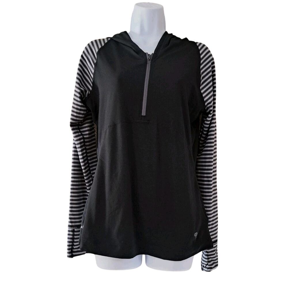 Mountain Hardware Womens Sz L Hooded Top 1/4 Zip Athletic Black Striped Outdoors